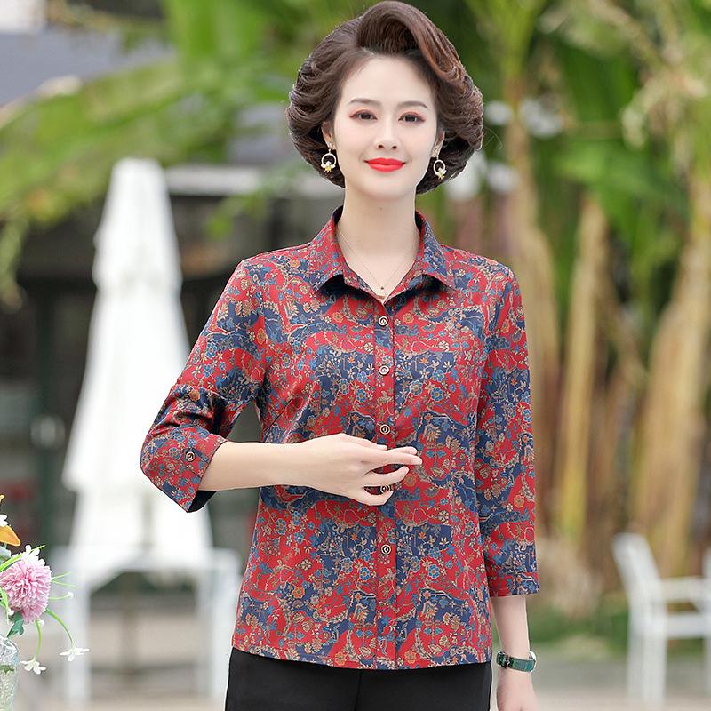 Stylish Floral Seven-Sleeve Tops for Middle-Aged and Elderly Women