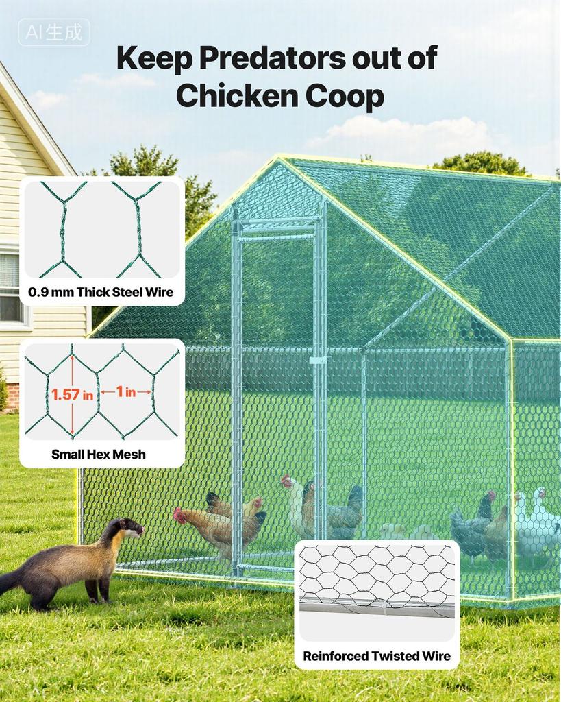 Metal Chicken Coop, 9.8x26.2x6.5 Ft Large Walk-in Chicken Runs with Cover, Spire Roof Hen House Enclosure with Security Lock, Outdoor Duck Rabbit Cage