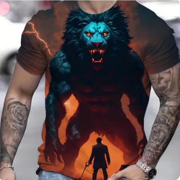Summer Casual Men's Clothing Oversized Loose Lion Pattern Printed Short Sleeved Round Neck Fitness T-shirts
