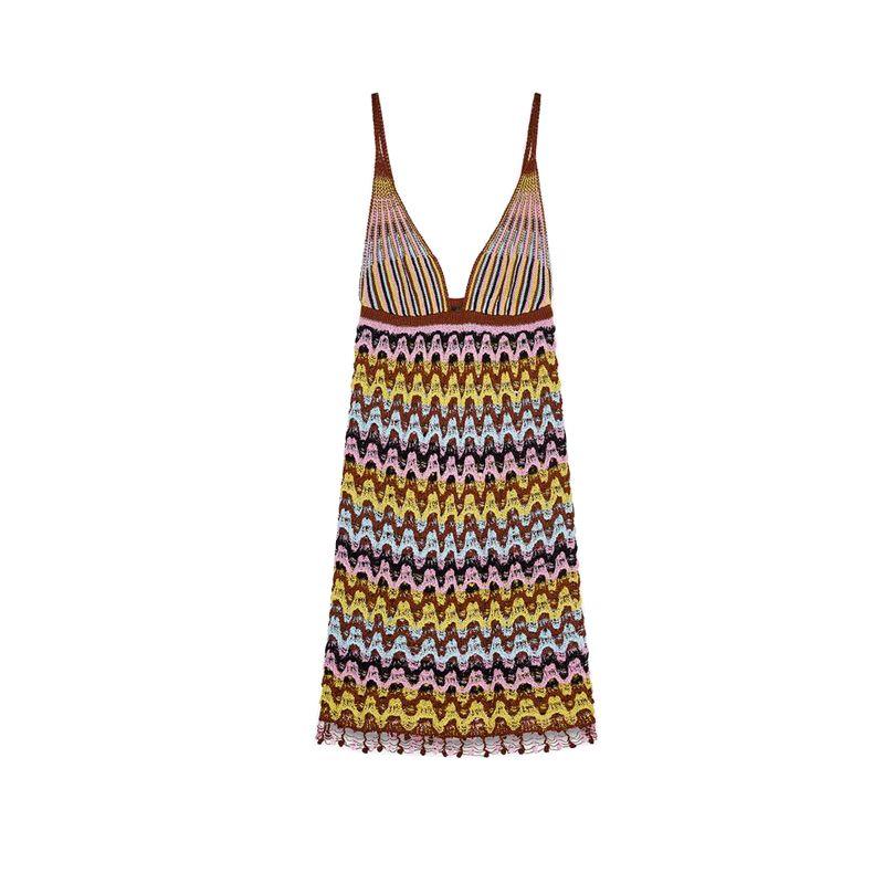 

Summer New Women clothes Seaside Holiday Style V-neck Sleeveless Print Knitted Sling Short Dress 5802028 Multicolor L