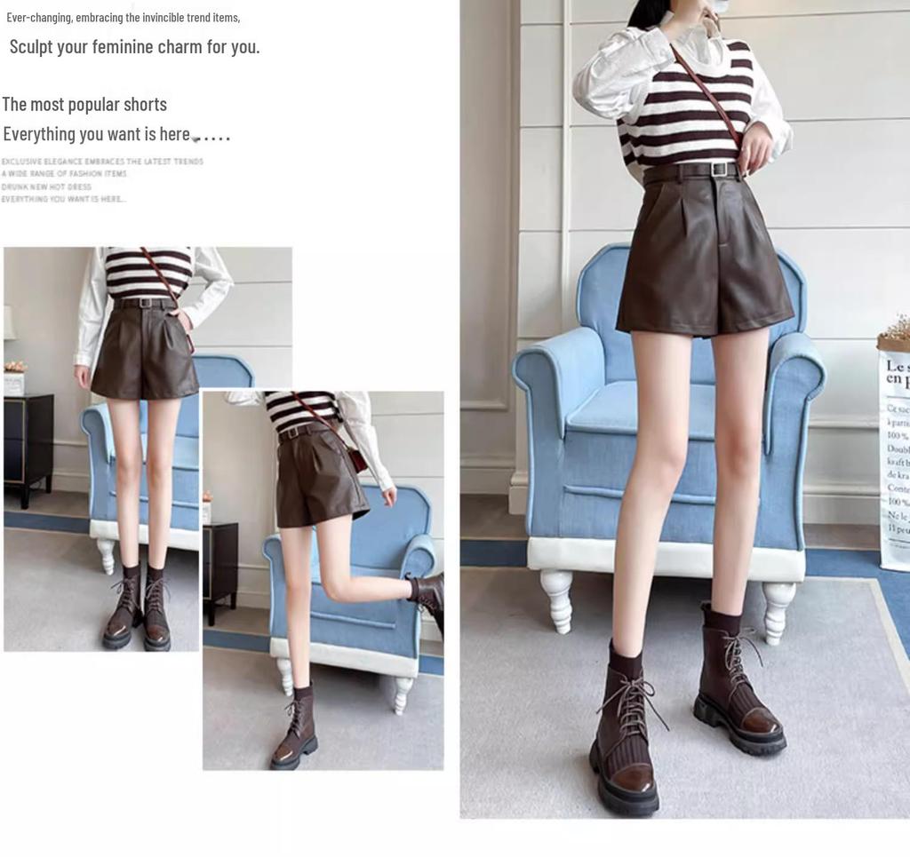 Women's Black PU Leather High-Waist Wide-Leg Shorts - New Autumn/Winter 2024 Casual Slimming Design