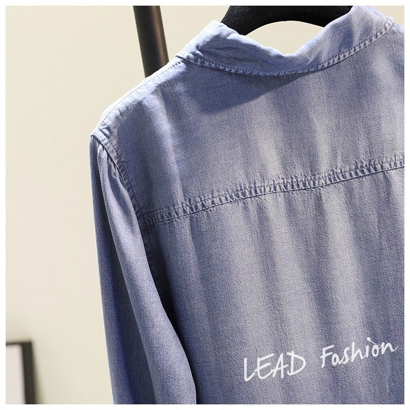 Spring Women's Clothing Shirt Medium Long Containing Cotton Shirt Loose Fit Long Sleeve Double Pocket Rolled Sleeve Thin Blouse