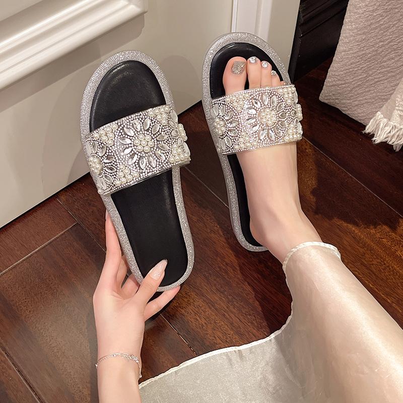 Fashion Pearl Crystal Broadband Soft Sole Anti-slip Wear-resistant Flat Shoes Women Fashion Round Head Light Slippers