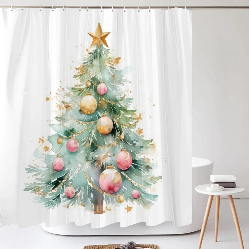 Christmas Shower Curtain Santa Claus Winter Christmas Tree Polyester Colorful Bath Curtain Home Bathroom Decor Curtain With Hook