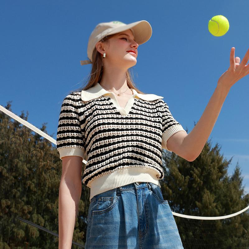 

Полосатые трикотажные короткие футболки контрастных цветов с отложным воротником Повседневная вязаная футболка с короткими рукавами Ретро летняя полоска