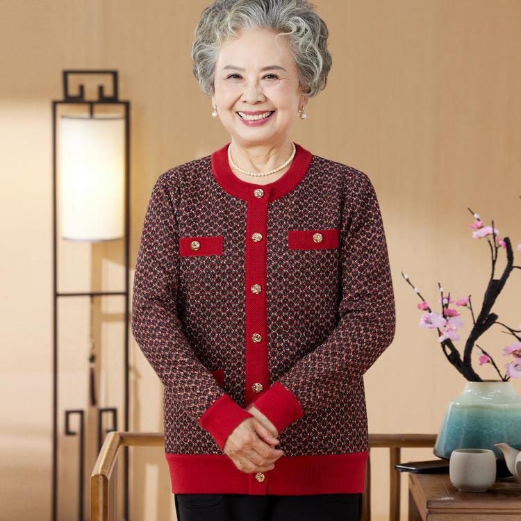 New Knitted Cardigan Mother Autumn Zipper Sweater Middle-aged and Elderly Grandma Women Plus Velvet Thermal Jacket Top