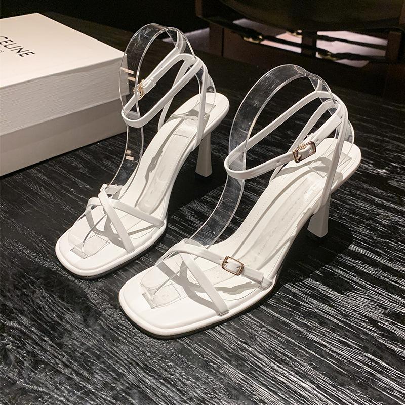High-heeled Sandals Women's 2025 Summer New One-word Buckle Strap Square Head Thin Heel Temperament Fashion Sandals Women