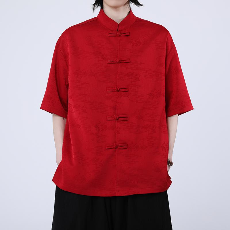 

2025 Мужская рубашка с воротником-стойкой и коротким рукавом, летние рубашки больших размеров для мужчин, черные, белые, красные, с принтом в стиле ретро ханьфу в китайском стиле на Новый год M красный