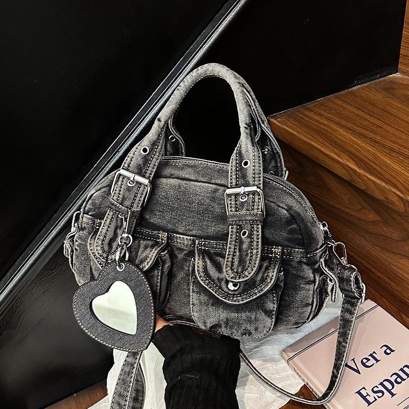 Denim bag women's autumn and winter versatile 2025 new casual pleated messenger bag portable Boston bowling bag