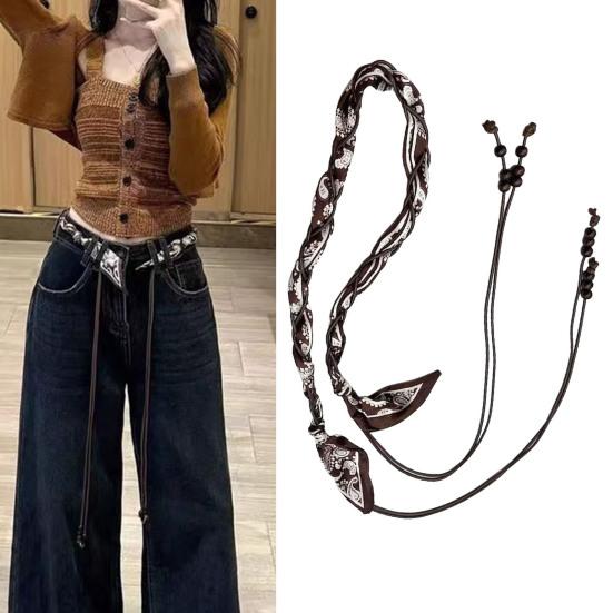 Retro Silky Scarf Jeans Belt Handcrafted Sustainable Waxed Cotton Rope Belt with Natural Wood Beads