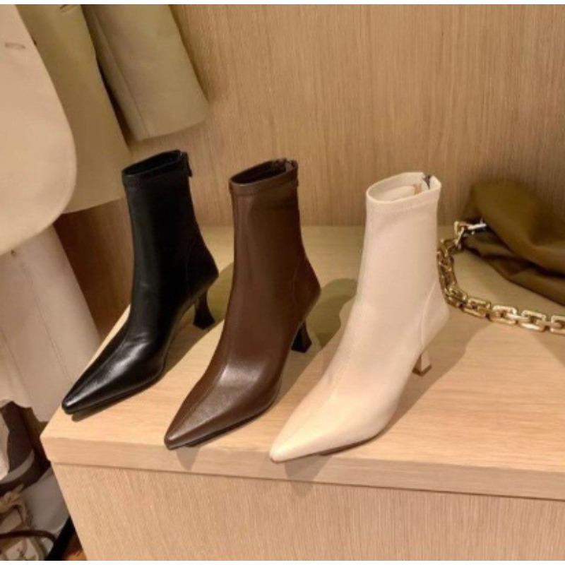 Women High Heel Short Leather   New Boots Female Pointed Thin Heel  Ladies Ankle Short Boots Botas De Mujer 2024
