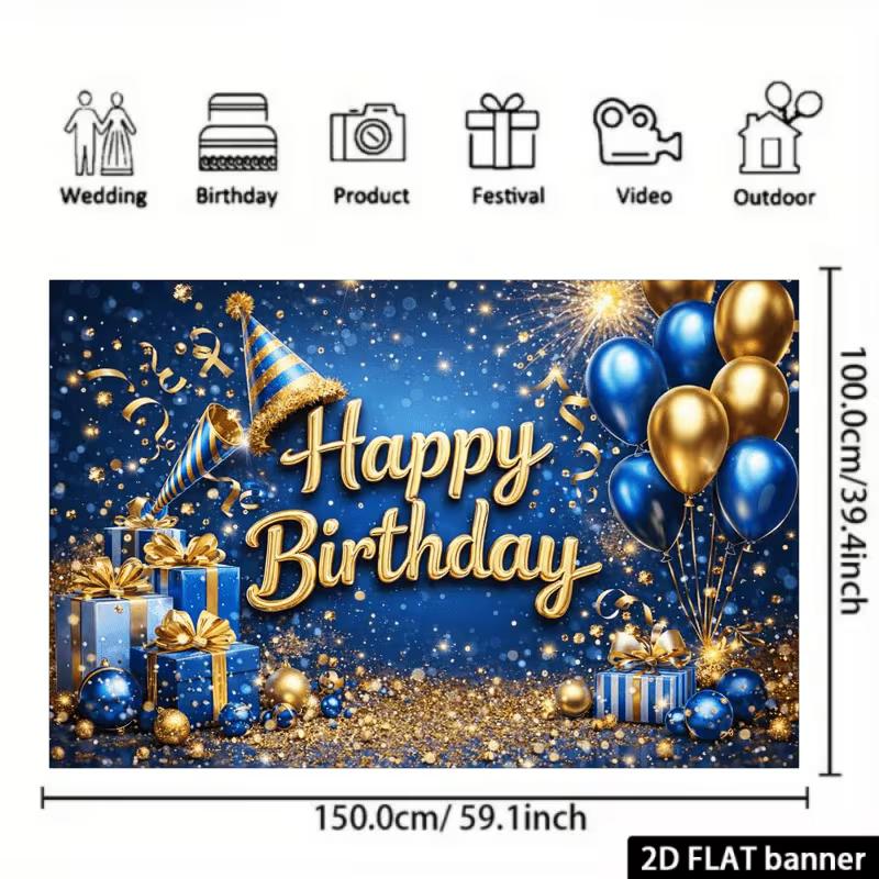 2D Blue Gold Themed Happy Birthday Background Banner for Party Decoration & Photo Booth
