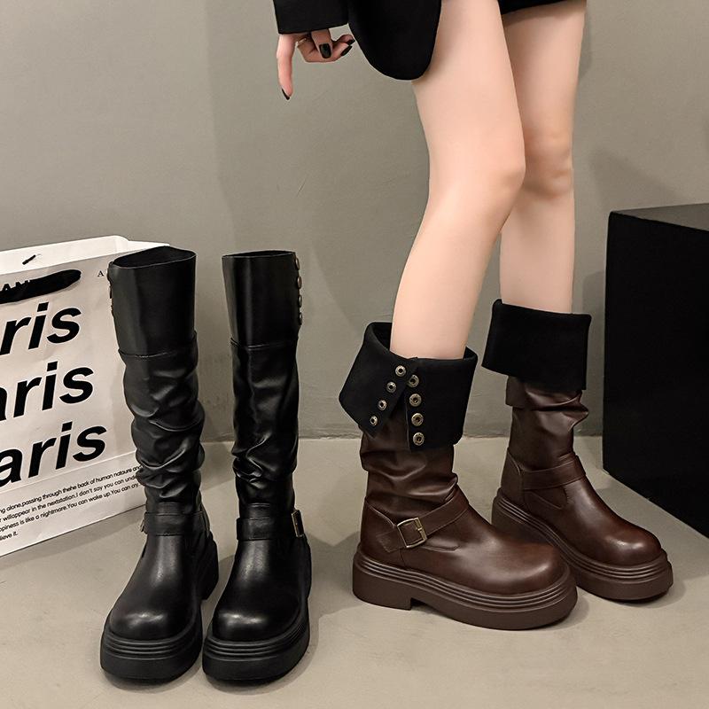 Brown retro British style thick heel platform boots women's 2025 new autumn and winter thin boots knight boots