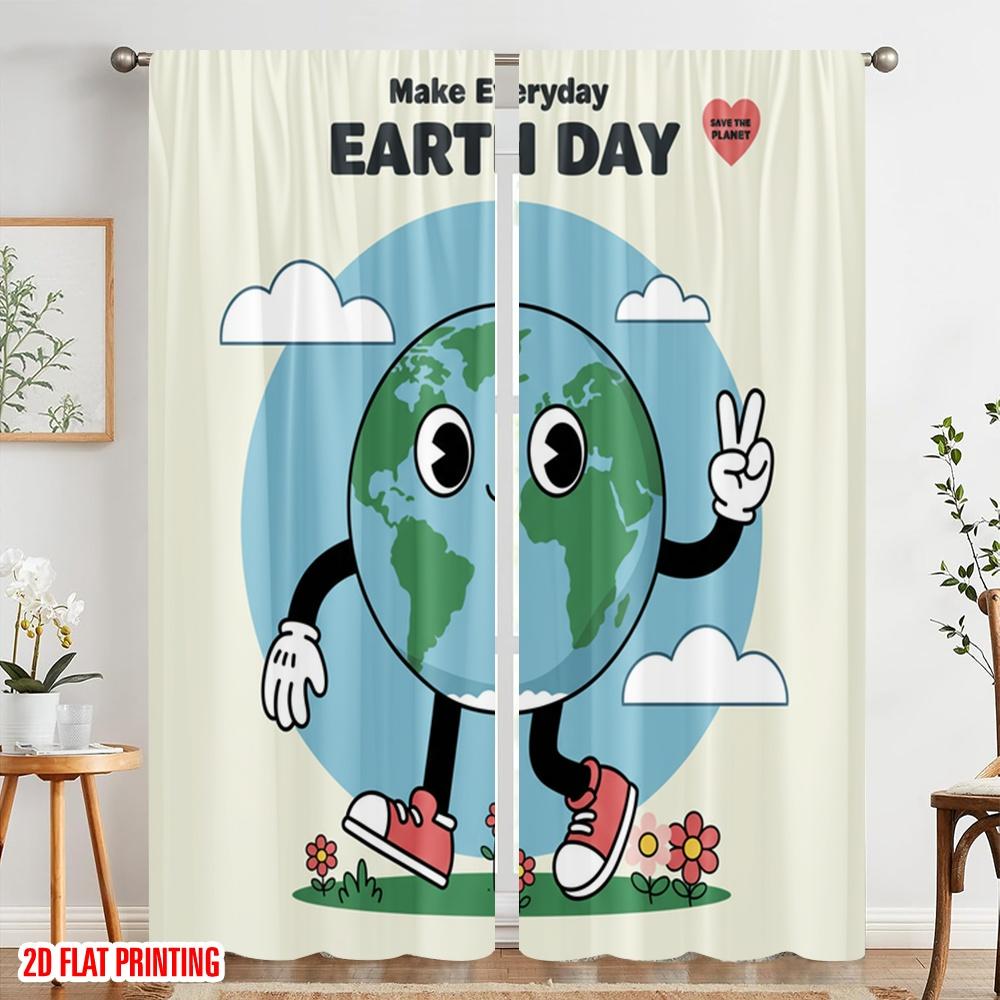 2pcs 2D Flat Printing Curtains Make Everyday Earth Day 100% Polyester Without Electricity 0 for Holiday Decor