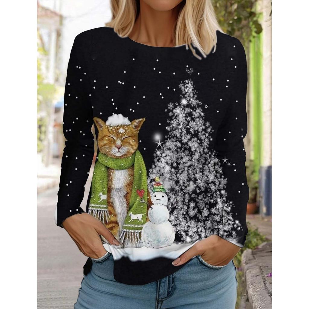 Christmas Women's Long Sleeved T-shirt Casual Holiday Fashion Christmas Cute Cat Holiday gifts Tops Harajuku  Women's Clothing