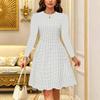 Women Long Sleeve Round Neck Midi Dress Vintage Geometric Floral Plum Blossom Stripe Dot Print Flared Casual Dress