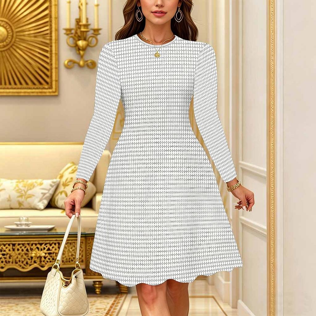 Women Long Sleeve Round Neck Midi Dress Vintage Geometric Floral Plum Blossom Stripe Dot Print Flared Casual Dress