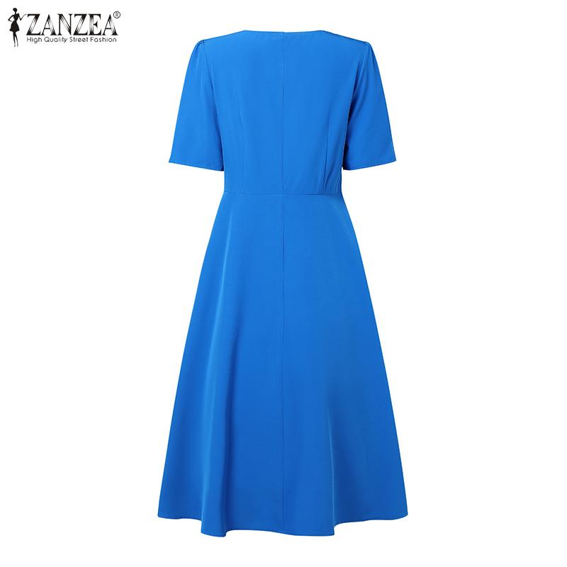 ZANZEA Vestido Casual de Verano para Mujer de Cuello Redondo y Manga Corta con Pliegues de Color Sólido