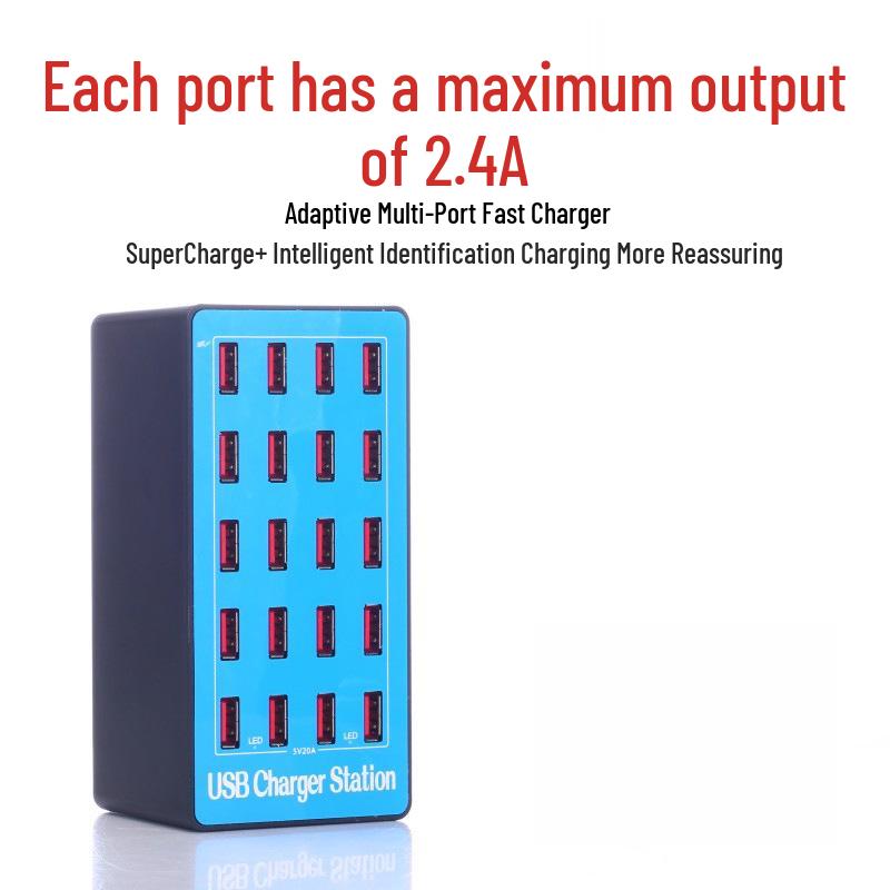 CE Certified 20-Port 100W Multi-USB Desktop Charger (ROHS, FCC, EU/US/UK/AU Specs)