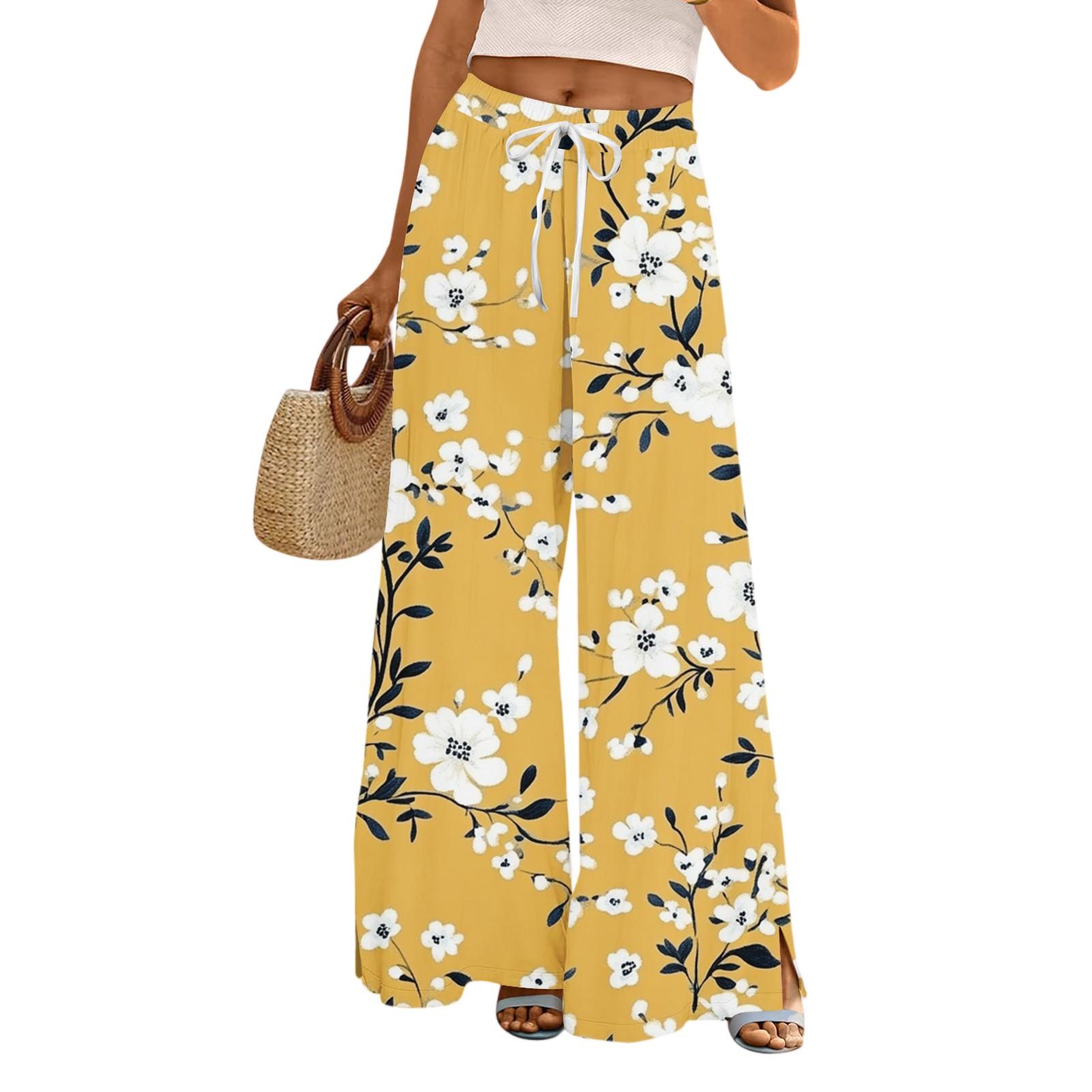 

Женские повседневные брюки с широкими штанинами, эластичным поясом, карманами, цветочным принтом и регулируемой завязкой XL жёлтый