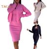 2 Pcs/Set Women Coat Dress Set Single-breasted Stand Collar Long Sleeves Jacket Skinny Slip Dress Autumn Midi Dress Jacket Set OL Commuting Office