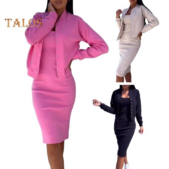 2 Pcs/Set Women Coat Dress Set Single-breasted Stand Collar Long Sleeves Jacket Skinny Slip Dress Autumn Midi Dress Jacket Set OL Commuting Office
