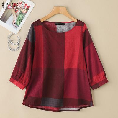 Women Casual O-neck 3/4 Sleeve Loose Plaid Blouse