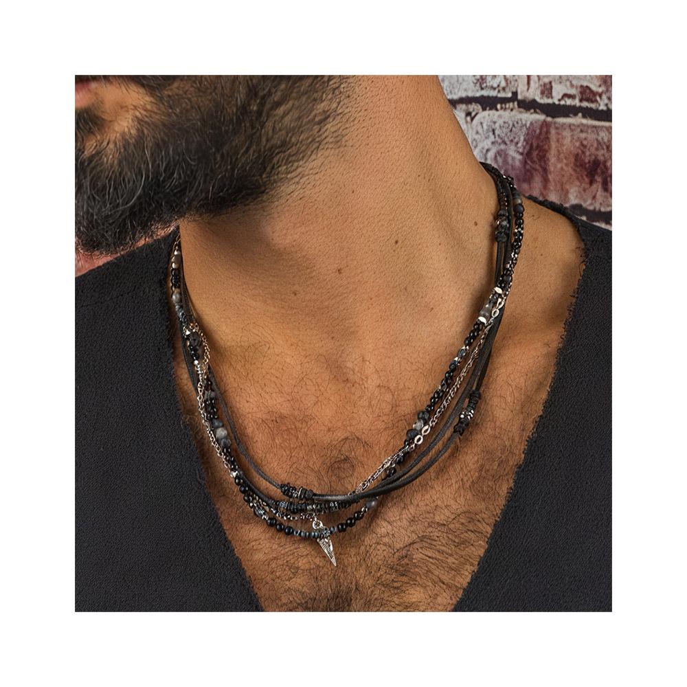 Retro Herren Mehrschichtige Lederkette mit Schwarzem Achat Dreiecksanhänger