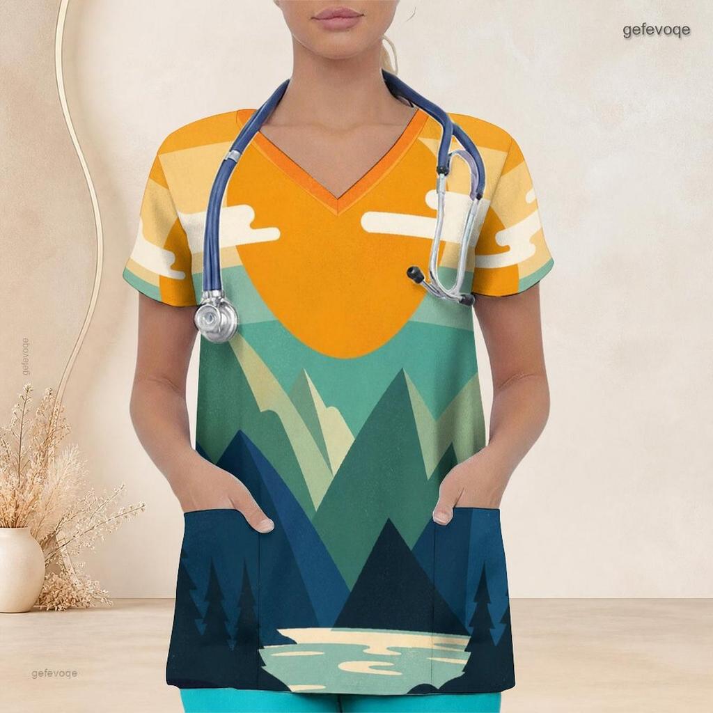 Women Plus Size Nurse Scrub Top V Neck Short Sleeve Cartoon Avocado Printed White With Front Pockets