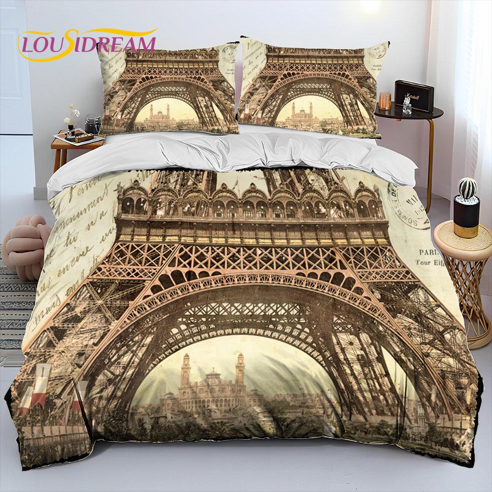 France Paris Eiffel Tower Comforter Bedding Set,Duvet Cover Bed Set Quilt Cover Pillowcase,King Queen Size Bedding Set Kid Adult