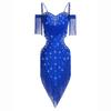 Womens Latin Dance Performance Costume Backless Cutout Design Spaghetti Straps Fringe Rhinestones Dress