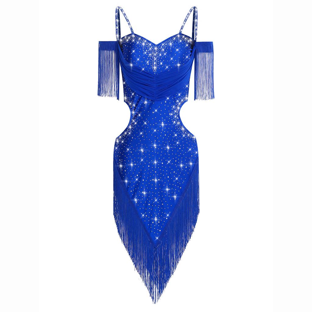 Womens Latin Dance Performance Costume Backless Cutout Design Spaghetti Straps Fringe Rhinestones Dress