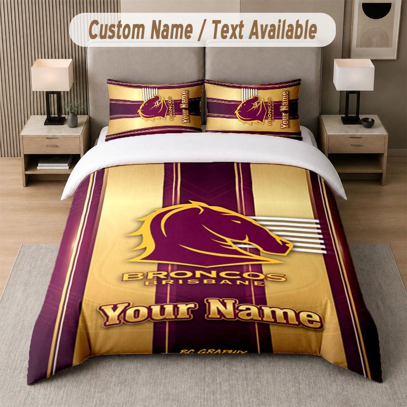 Custom Bedding Set Brisbane Broncos Pattern, Print Name Text 1 Duvet Cover Plus 2 Pillowcases Home Textile