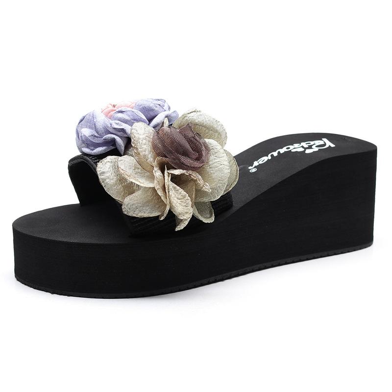 Fashion Flowers Slippers Women Platform Shoes Summer Wedges Fresh 2025 Korean New Beach Flip Flops Anti-skid Sweet Girls Slides Casual
