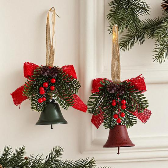 Christmas Bell Decoration Bowknot Decor Hanging Decorative Bell with Pine Branches Red Fruits Indoor Outdoor Ornament