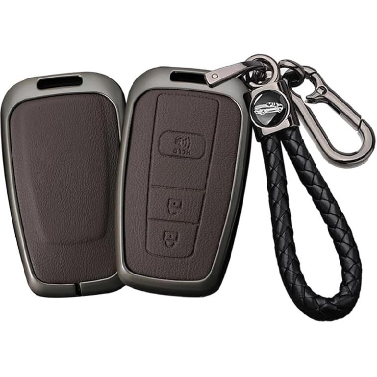 HIBEYO 3 Button Key Fob Cover Compatible With Toyota 4Runner 2016-2024 RAV4 Camry Prius Prado Key Leather & Alloy Key Cover Accessories With