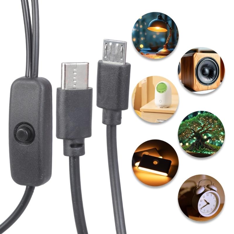 Type C Female to USB C & Micros USB Male Charging Cable with On/Off Switches Charge 2 Devices Simultaneously