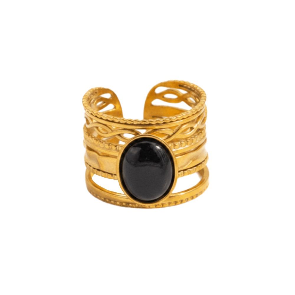 Stainless Steel Geometric Hollow Ring Hollow Pattern Colored Stone Ring Open Ring For Women
