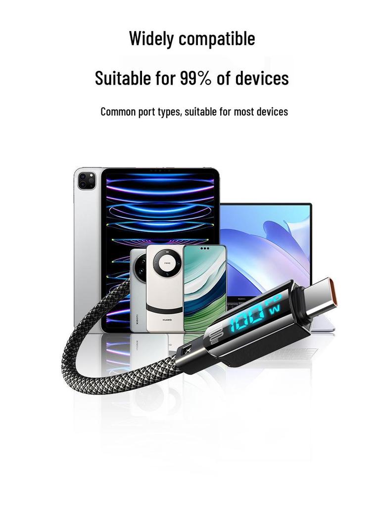 100W Digital Display A-C Fast Charging Cable for Apple, Samsung, Huawei, Xiaomi Phones