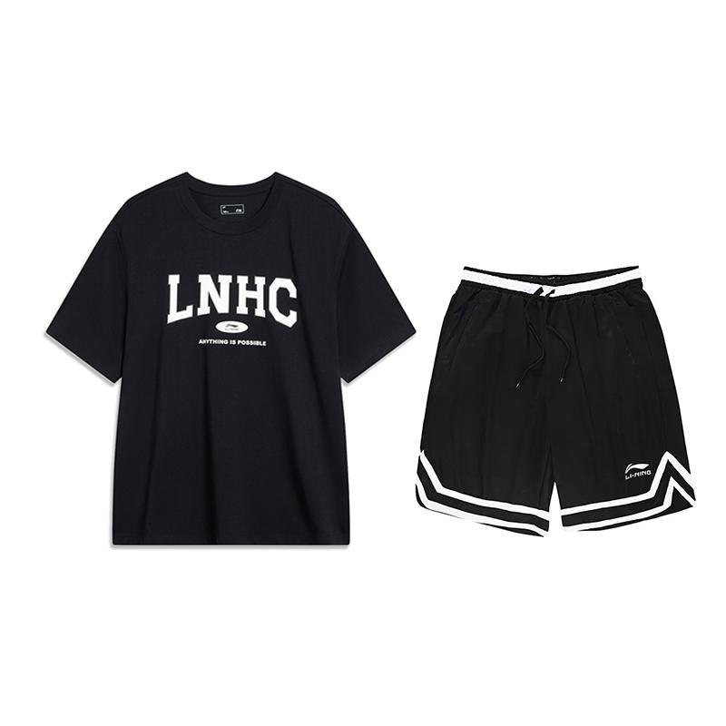 Li-Ning College Style Letter Striped Round Neck Short Sleeve Fashion Comfortable Shorts Casual Sports Suit Unisex Suit Black YHSU301-3+YAPV001-1