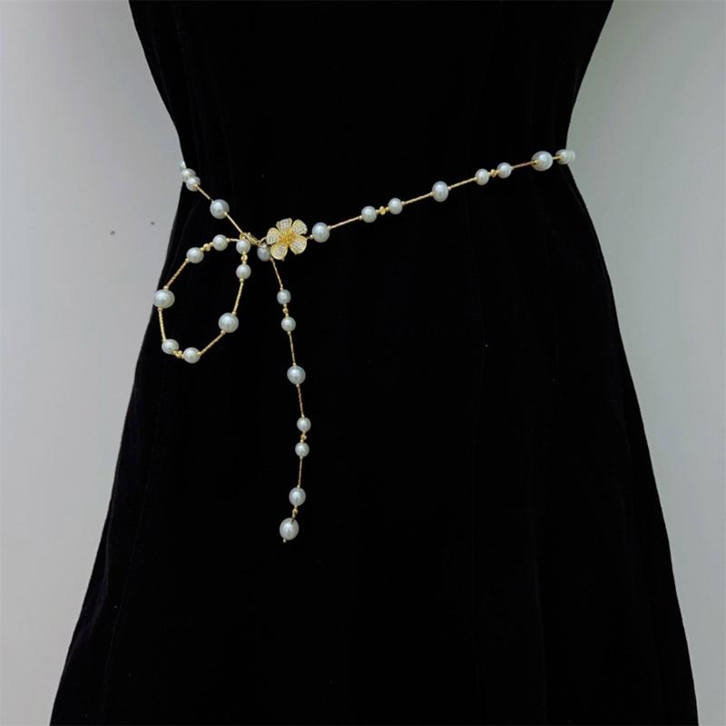 Adjustable Metallic Waist Belt Chain Necklace Adorned with Delicate Pearls for Dresses Evening Outfits or Casual Style