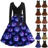 Women's Casual Long Sleeve V Neck Dress Halloween Pumpkin Spider Print Fit and Flare Midi Dress with Waist Tie Belt