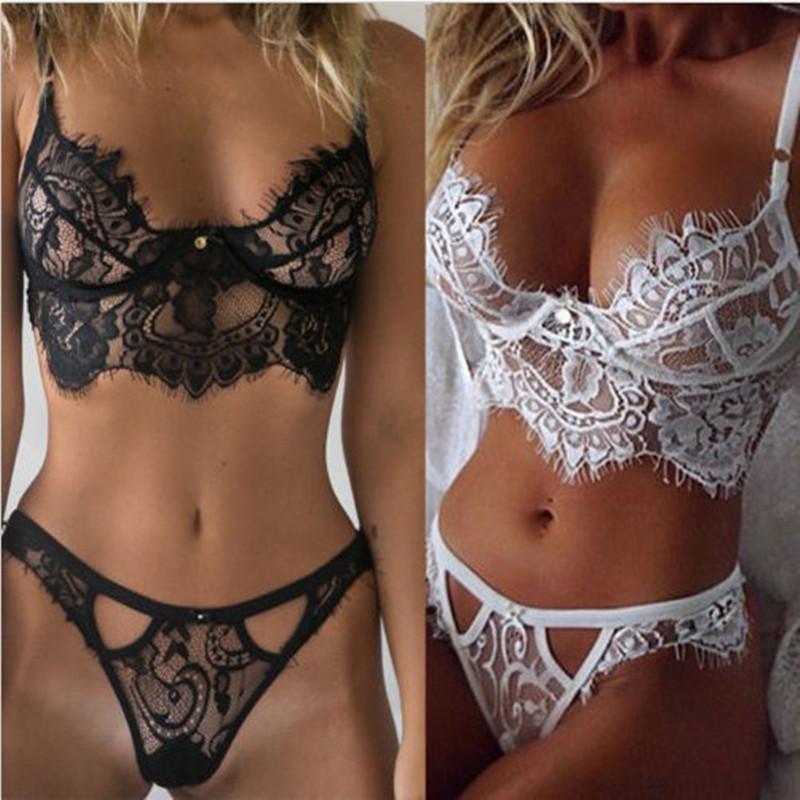 Women's Fashion Sexy Lace 2 Piece Set Suit Solid Color Wireless Bra Sexy Underwear Panties