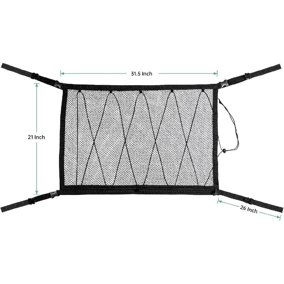 Kaskawise Car Ceiling Cargo Net Pocket,31"x21" Adjustable Double-Layer Mesh SUV Roof Organizer Long Trip Ceiling Storage Net,Car Camping Cargo Net