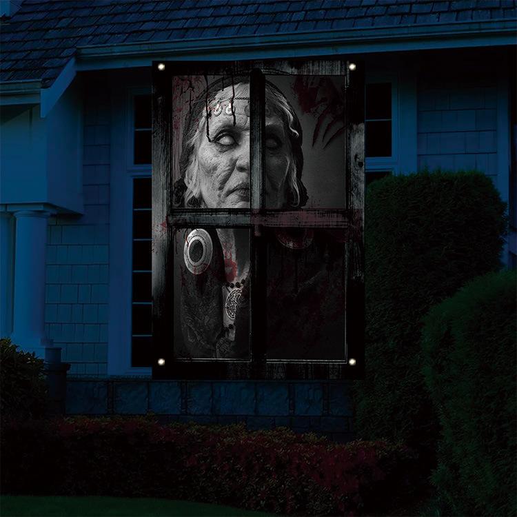 Halloween Female Ghost Window Cover Horror Window Door Cover, Scary Theme Window Screen for Indoor/Outdoor Party Decor