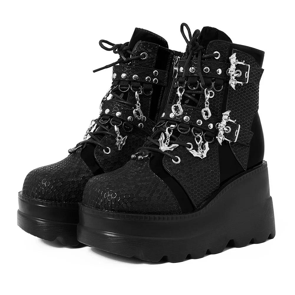Fashion New Gothic Style Platform Vampire Cosplay Women Mid-calf Boots 2024 Winter Wedges Comfy Women Motorcycle Boots Shoes