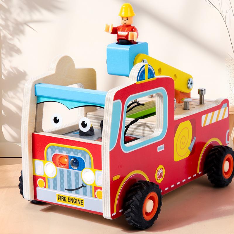 Children's Engineering Electronic Nut Fire Truck Wooden Toy