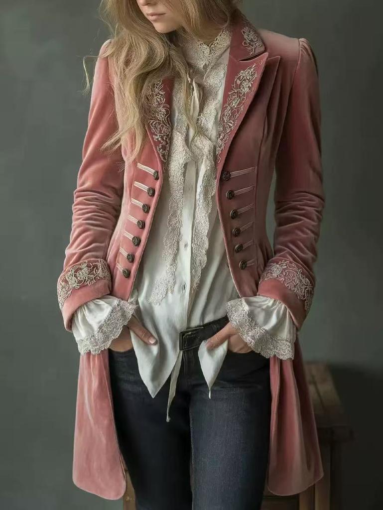 Women's Velvet Gothic Jacket Vintage Embroidered Stand Collar Metal Buckle Trench Coat Long Sleeve Vintage Outerwear