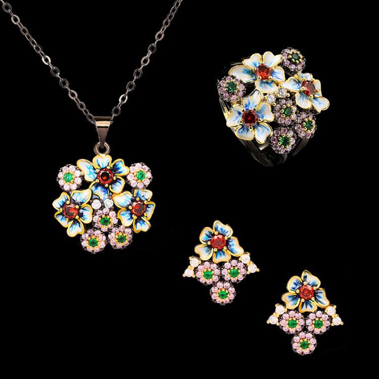 

2026 Fashion Jewelry Color Zircon Black Gold Flower Three-piece Ring Necklace Earrings Women s Jewelry 10