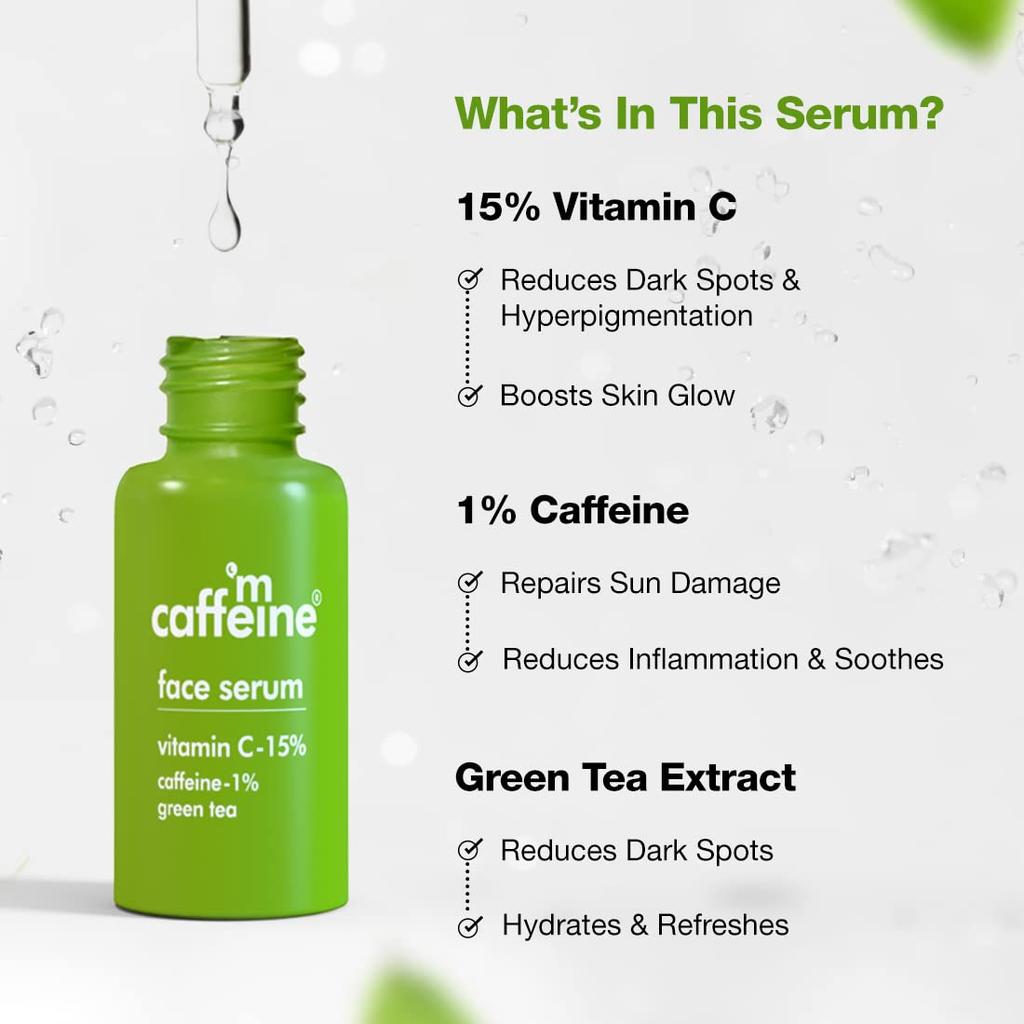 mCaffeine 15% Vitamin C Face Serum with Green Tea & Caffeine for Glowing, Even-Toned Skin - 3ml